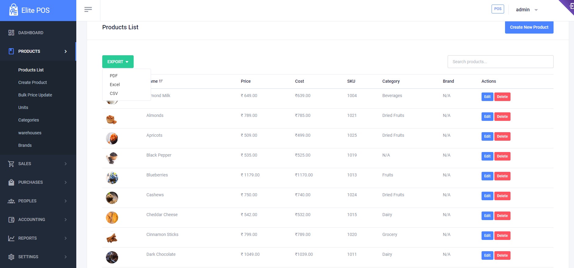 Products List Screenshot